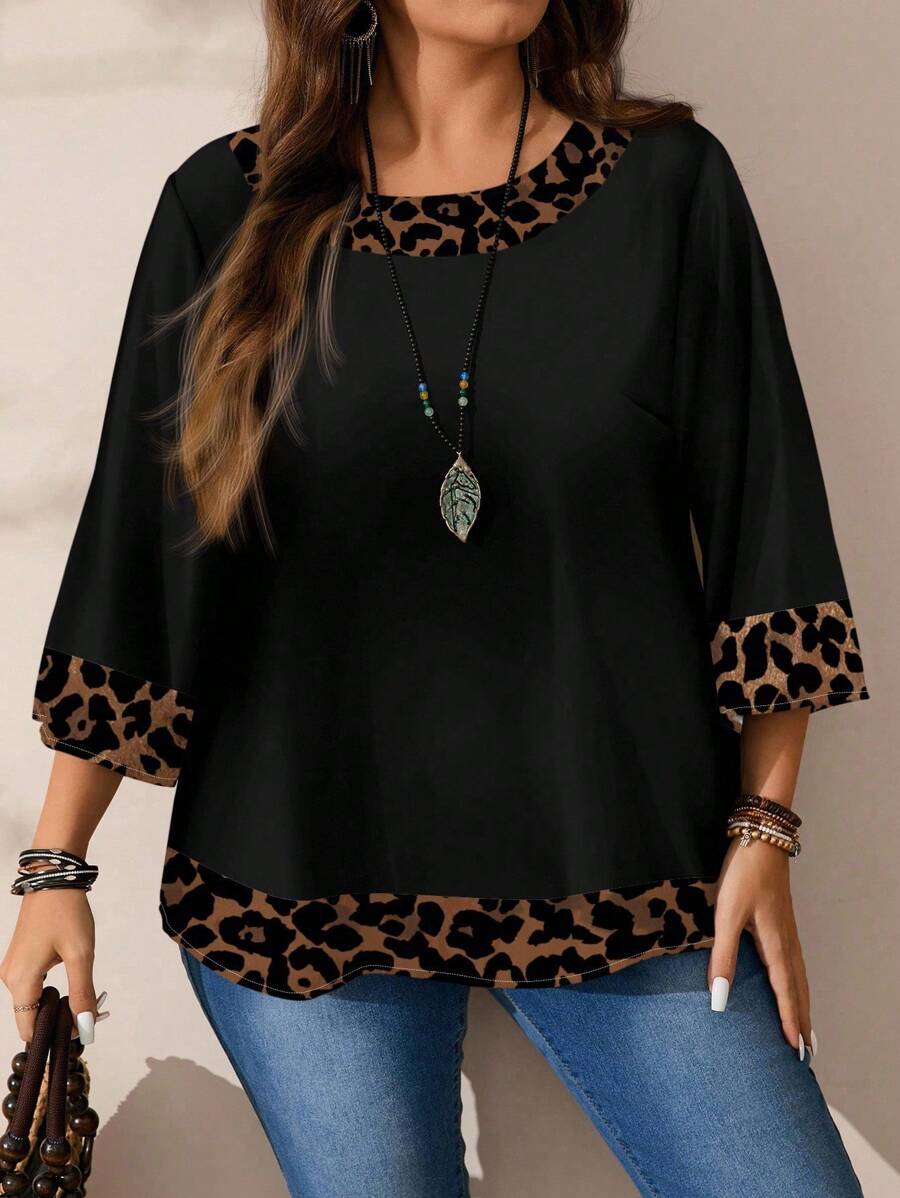 EMERY ROSE Blouse ample à imprimé intégral, col rond, manches 3/4 pour femmes grandes tailles, automne/hiver - Noir - Voir 1