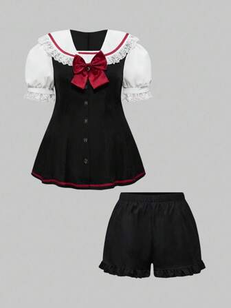 J-Fashion 2pcs/Set Plus Size Women Sailor Collar Short Sleeve Top And Shorts Set