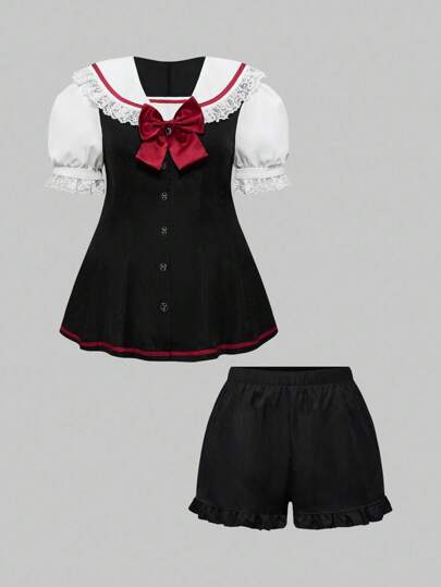 EDITION 2pcs/Set Plus Size Women Sailor Collar Short Sleeve Top And Shorts Set
