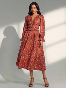 Chiquease Robe longue ample à manches longues avec imprimé floral marguerite pour femmes - Orange brûlé - Voir 2