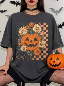 INAWLY 大码女式休闲宽松南瓜棋盘格印花圆领落肩短袖 T 恤，夏季 - 深灰色 - 查看 1