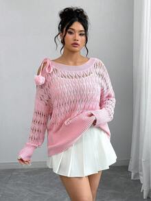 Elenzga Suéter de punto de manga larga con hombros descubiertos, cordones y calado, talla grande - Rosa - Ver 8