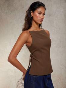 COSMINA 女士性感纯色系带露背吊带背心（夏季） - 咖啡棕 - 查看 2