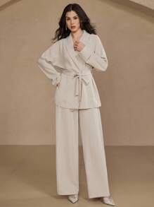 DAZY Conjunto de 2 piezas de chaqueta de manga dolman y pantalones de pierna ancha de unicolor, estilo casual y holgado para mujer - Albaricoque - Ver 3