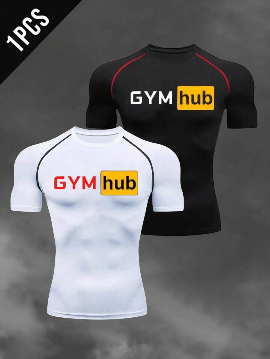 Manfinity Sport Corelite Men's Letter Print Round Neck Raglan Short Sleeve Sports T-Shirt Fitted Shirt Crew Neck - White - View 1