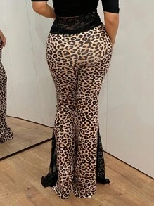 SHEIN ICON Women's Waist Contrast Lace Leopard Print Retro Flare Pants Leopard Print Pants Flared Pants Bell Bottom Pants Cheetah Print Flared Pants - Multicolor - View 2