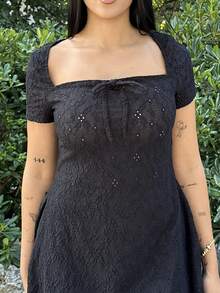 Lucia Bellido 1 bucată rochie mini Y2K, cu mânecă scurtă, cu gât pătrat, albă, primăvară/vară - Negru - Vizualizare 5