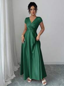 Elenzga V领收腰优雅浪漫女士连衣裙，短袖 - 墨綠色 - 查看 5