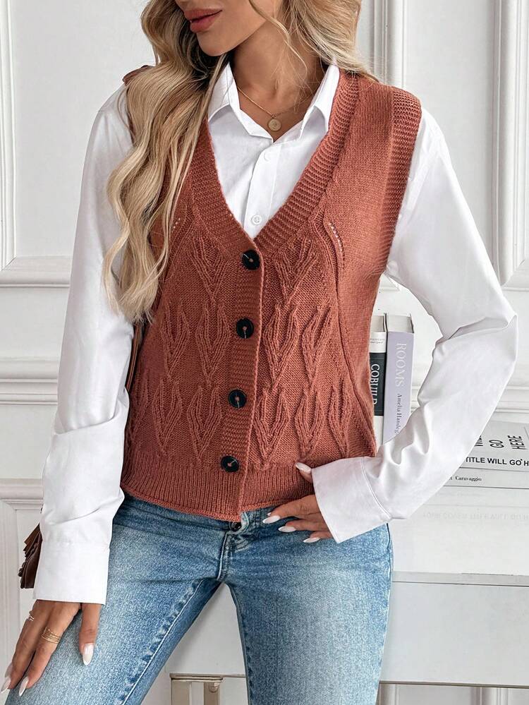 New Casual Versatile Solid Color Women Knitted Vest Sweater Vest For Women Button Up Sweater Vest Women Cable Knit Vest