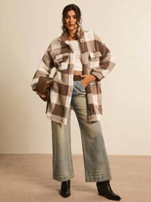 Freevana Double-Sided Fuzzy Plaid Printed Front Button Long Sleeve Plus Size Jacket Winter Clothes Fall Autumn - Khaki - View 4