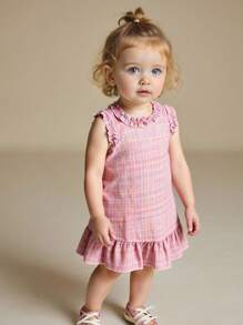 SHEIN Baby Girls' Ruffle Round Neck Sleeveless A-Line Dress. The Neckline And Sleeve Cuffs Are Designed With Ruffles, Making The Entire Dress More Lively And Cute. The Round Neckline Design Is Classic And Elegant, The Sleeveless Style, And The Ruffle A-Line Hemline Add An Elegant Touch. The Loose Fit Is Suitable For Babies Of Various Builds. This Dress Is Suitable For Various Occasions. - Multicolor - View 7