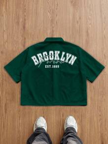 Claim Dot Áo sơ mi nam tay ngắn in chữ thường ngày, áo sơ mi nam mùa hè cắt ngắn họa tiết, áo sơ mi Brooklyn, áo sơ mi đại học, áo sơ mi họa tiết màu xanh lá cây đậm, áo sơ mi nam cỡ lớn in họa tiết - Màu xanh lá cây đậm - Xem 5