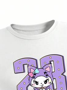 SHEIN 2 件套可爱猫咪数字印花休闲时尚服装，女孩青少年短袖上衣和慢跑裤套装