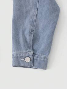 Damen leicht gewaschene blaue Lässig Minimalistische Mode Taschen Langarm Denim Jacke, Damen blaue Oversized Crop Denim Jacke - Helle Waschung - Übersicht 3