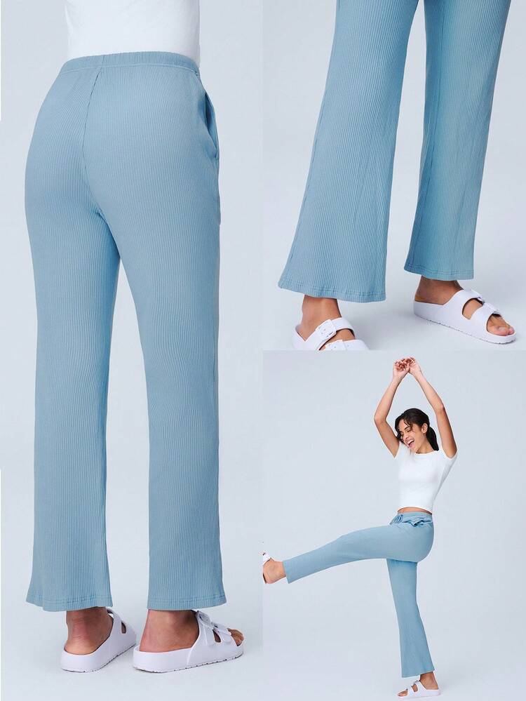 걸 미스티 포레스트 스타일 블루 소프트 골지 면 플레어 파자마 바지 란제리, 겉옷용, 포켓이 있는 아늑한 홈 팬츠, 십대 걸 & 젊은 & 어린이에게도 적합