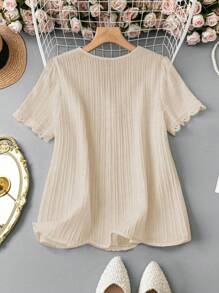 SHEIN LUNE Plus size cổ chữ V viền ren màu trơn dáng rộng thoải mái - Màu be - Xem 2