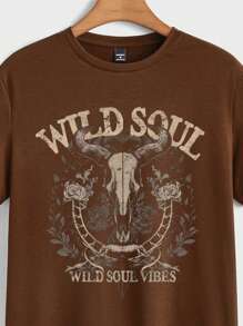 Manfinity LEGND Wild West Cowboy Bone & Bull Head Dreamcatcher Print Slim Fit Short Sleeve T-Shirt, Dark Brown - Brown - View 3