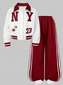 SHEIN Streecool Kids HYPEME Tween Girl 女童休闲条纹阔腿裤和字母图案纽扣领棒球夹克 2 件套，时尚舒适，适合秋冬