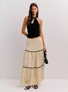 Nöista Maxi Skirt In Cream Color With Contrast Black Trimmings, Beige, Autumn, Elegant, Brunch, Summer Vacay Holidays Vacation Casual Luxury - Apricot - View 5
