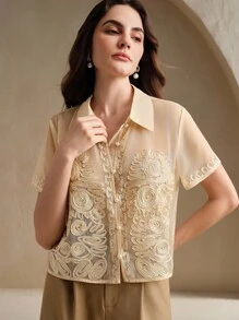 Anewsta Collared Wrap Front Elegant Sexy Short Sleeve Regular Length Casual Blouse