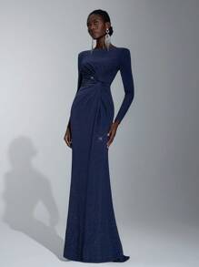 Elitara Ladies' Boat Neck Long Sleeve Bridesmaid Dress With Twisted Waist, (Adult) Elegant Formal Evening Prom Wedding Guest Gown, For Graduation, Dinner Party Dress - Navy Blue - View 5