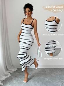 Elenzga 女式优雅合身荷叶边下摆撞色吊带毛衣裙