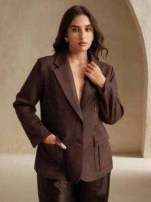 Anewsta بليزر نسائي طويل الأكمام من الجلد المدبوغ مع بطانة من الفليس، متعدد الجيوب، بتصميم أنيق وأنيق للأعمال والمناسبات الرسمية، مقاسات كبيرة