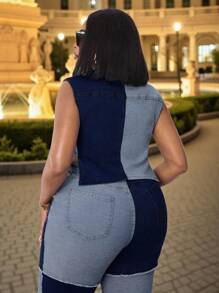 SHEIN SXY 夏季大码女式无袖拼布牛仔夹克