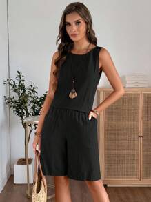 EMERY ROSE Women's Solid Color Round Neck Sleeveless Top And Shorts Casual 2 Pieces Set Short Sets For Women Vacation