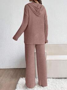 SHEIN 2pcs Maternity Solid Color Ribbed Drawstring Hoodie Sweatshirt And Pants Casual Set - Pink - View 2