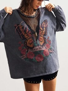 Bohemela Plus Size Women Butterfly Print Crew Neck Drop Shoulder Long Sleeve Casual Loose Sweatshirt