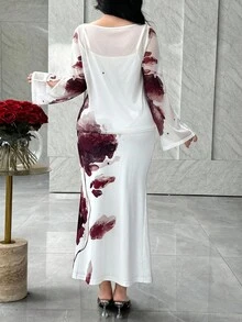 Feyla 2pcs Women Elegant Floral Print Flare Sleeve Top And Mermaid Hem Skirt Set - Multicolor - View 4