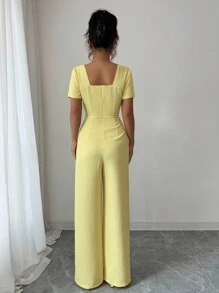 Selianne Mono de unicolor con textura y cuello en V para mujer, elegante para ir al trabajo y uso diario - Amarillo - Ver 2