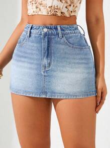 SHEIN ICON Pantalón falda de talla grande de mezclilla azul claro, informal y para vacaciones, sin estiramiento