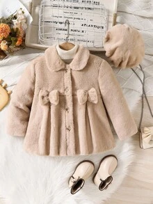 SHEIN 女童秋冬外套，时尚可爱百搭优雅蝴蝶结领蓬松连帽贝雷帽 - 卡其色 - 查看 2