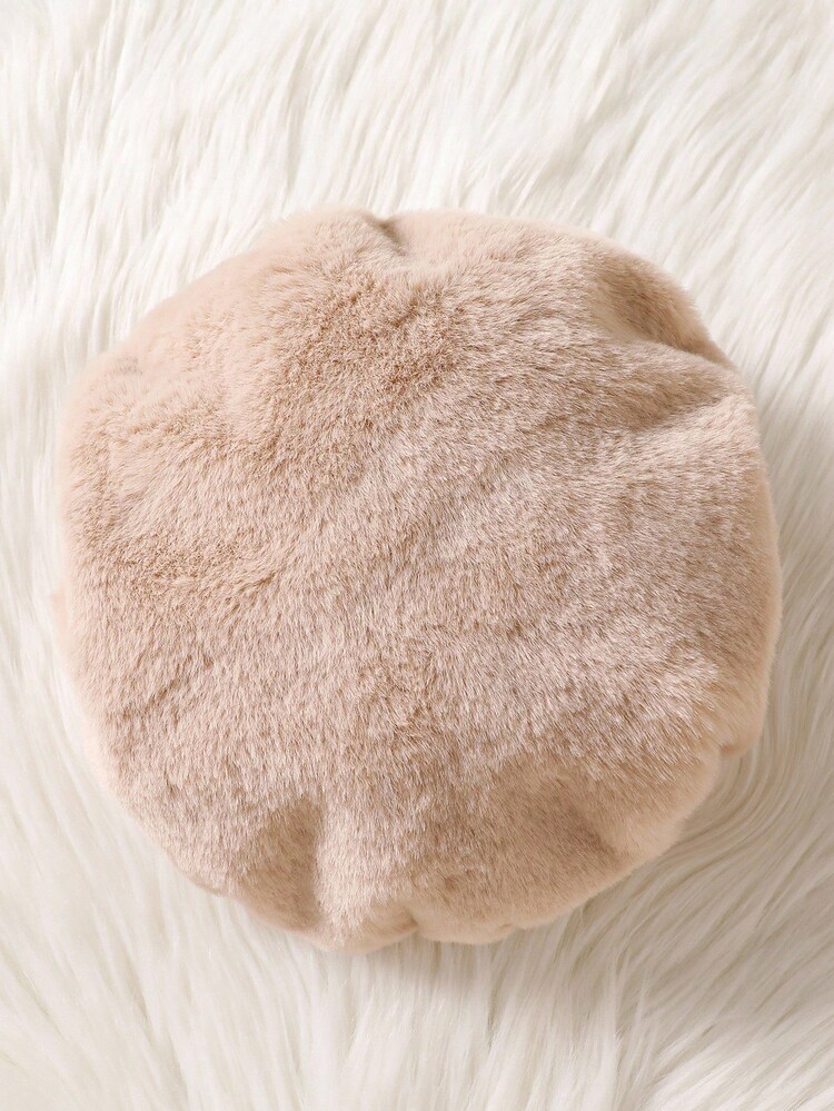 SHEIN 女童秋冬外套，时尚可爱百搭优雅蝴蝶结领蓬松连帽贝雷帽 - 卡其色 - 查看 3