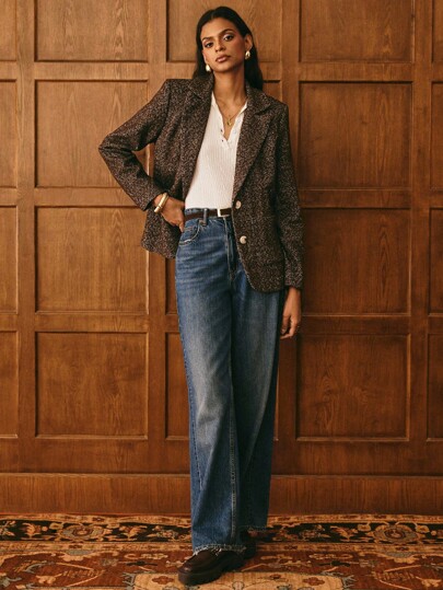 Poéselle Rown Bouclé Jacquard Tweed Blazer For Women –Classic Old Money Style Outerwear ,Thick Autumn Winter Textured Suit Jacket, Elegant Fashion Outerwear,Autumn Textured Blazer,Warm Outerwear Women,Felegant Tweed Coat,Cozy Office Fashion,Parisian Style Fall,Capsule Wardrobe Essential, Tweed Blazer Women