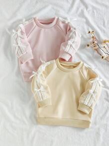SHEIN 2pcs/Set Baby Girls Lace Bow Sweatshirt, Long Sleeve Lace Casual Comfortable Soft Pullover Tops For Autumn - Multicolor - View 3
