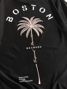 Manfinity VCAY Men's Summer Letter & Palm Tree Print Round Neck Short Sleeve Casual T-Shirt, Emo, 2000s Style - Black - View 4