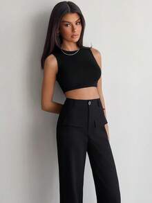 EURMUSE Pantalón de unicolor, con detalles de bolsillo falso - Negro - Ver 5