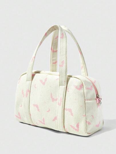 Goth Purple Corduroy Bat Print Fashion Bowknot Decor Women Handbag