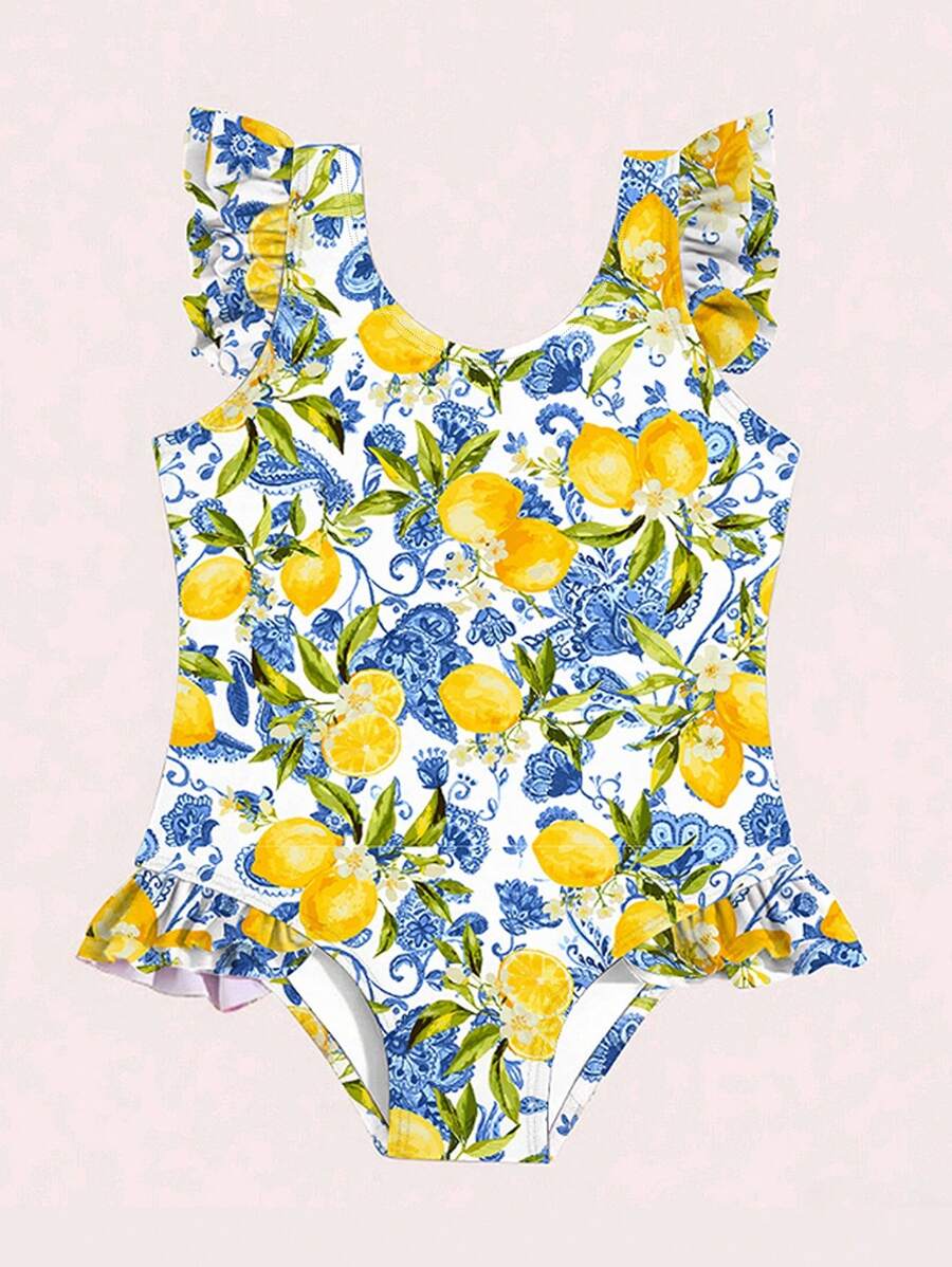 Baby Girl Lemon Print Ruffle One-Piece Swimsuit Animal Print Dress Halloween Costumes School Clothes School Clothes Back To School Clothes Puppy Keep Puppy Graphic Tees - Multicolor - View 1