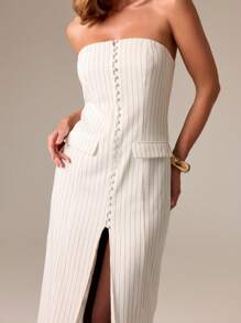 AiiRZ Pinstripe Bandeau Maxi Dress Tailored Front Slit Button Down Summer Resort Vacation Evening Party Formal Sleeveless