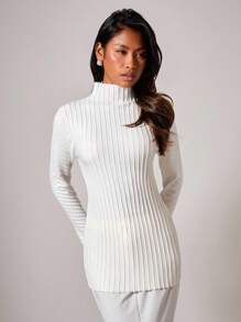 COSMINA Women's Solid Color Stand Collar Fitted Long Sleeve Knit Top,Sweaters For Women White Top In Fall/Winter - White - View 1