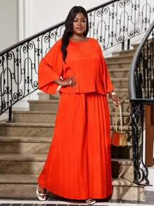 Fleurora Spring And Summer Casual Elegant Boho Gold Satin Fabric Puff Sleeves Waist Elastic Hem Pleated Asymmetrical Hem Heavy Duty Wedding Party Dress Plus Size Dress Vacation Outfits Woman Beach Outfits For Woman Beach Vacation Beach Dress Wedding Guest Dress Women Business Casual Woman Prom Dress Easter Dress Women Graduation Dress Business Casual Woman - Orange - View 4