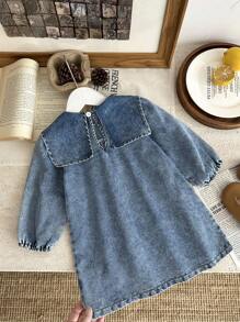 SHEIN Robe en jean ample à manches lanternes lavées avec col surdimensionné, style mode été pour bébé fille. Convient pour les sorties, les courses, les fêtes, les activités décontractées à la maison et en extérieur