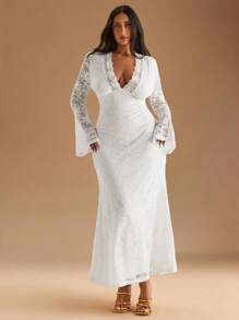 SHEIN BAE 大码女式V领蕾丝透视度假连衣裙，紧身连衣裙，春夏