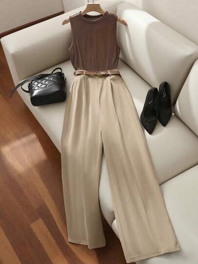 Franclia Autumn Clothing For Daily Commuting, All-Match Half-High Collar Sleeveless Knitted Stretch Slim-Fit Vest With Coffee Brown Pockets And Belt Decoration, Wide-Leg Trousers With Brown Vertical Stripes, Women's Two-Piece Suit, Business Casual Women's Wear All White Maillard Style Summer Brown Clothes For University