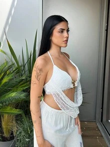 Lucia Bellido 女士夏季性感波西米亚海滩度假演唱会服装女士露背领带金属装饰钩针夏季上衣，女士夏季服装，女士性感俱乐部服装 - 白色 - 查看 4