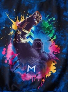 GODZILLAxKONG X SHEIN Sweat-shirt-shirt ample en tricot lâche avec col ras du cou, motif graphique de gorille tie-dye, style sportif décontracté de rue pour garçon préadolescent - Multicolore - Voir 3